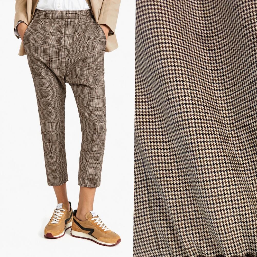 Nili Lotan M Wool Drawstring Paris Pants Houndstooth Elastic Waist Brown NWT!